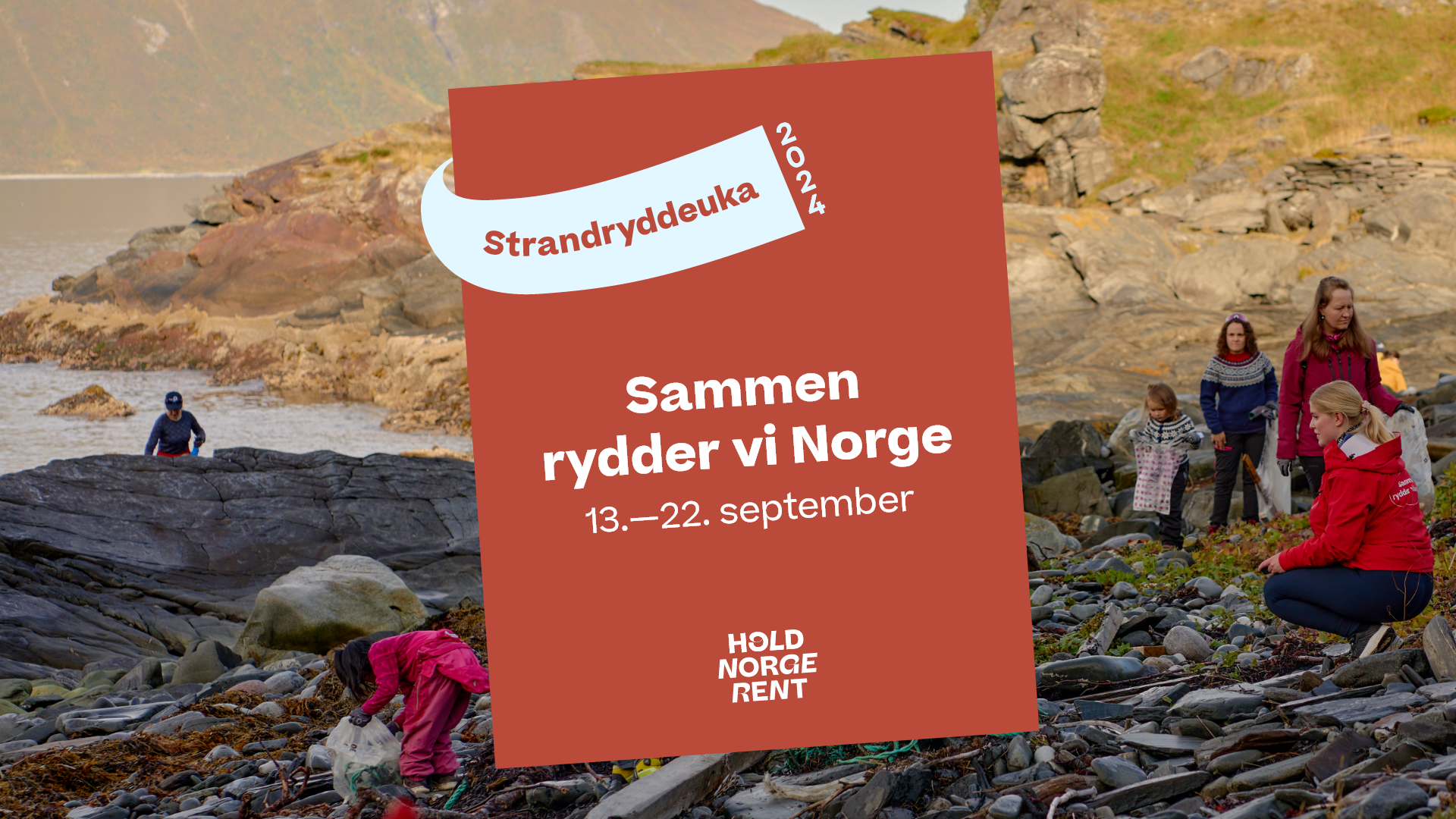 Bilde av folk som rydder en strand, med teksten 