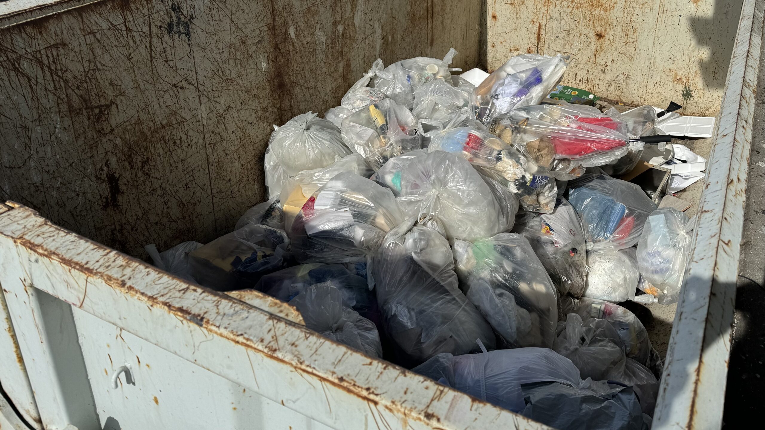 Container med gjennomsiktige poser med avfall